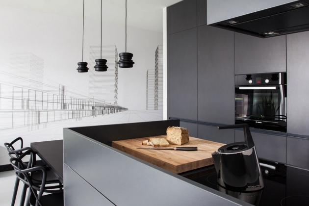 farbschema-wohnzimmer-mit-küche-dunkelgrau-grifflose-fronten-wand-deko-perspektive-zeichnung