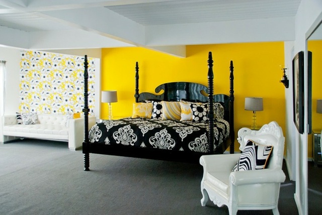 Wandfarbe gelb Schlafzimmer eklektische Einrichtung