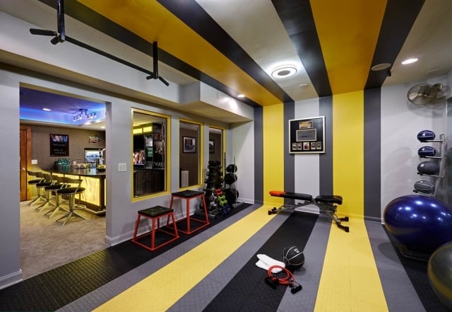 heim-fitnessstudio einrichten-modern-streifen-gelb-grau