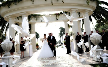 hochzeit in weiß braut braeutigam tauben blueten exotik