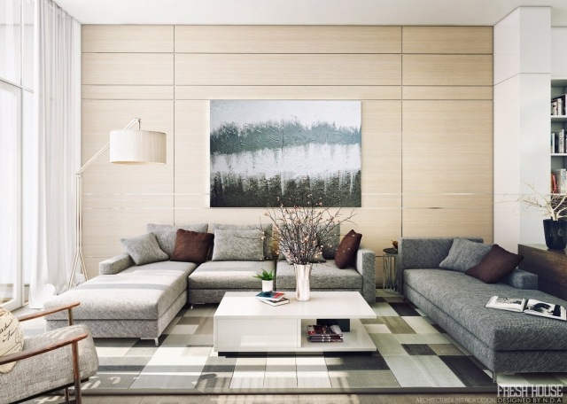 idee-wohnzimmer-gestalten-graue-sofas-holz-wandplatten