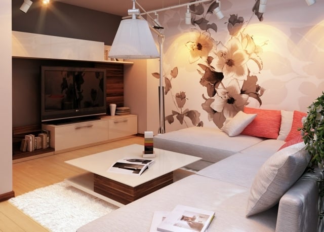 ideen-wohnzimmer einrichten neutrale-farben-weiss-grau-tapete-blumenmuster