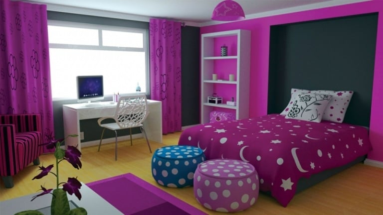 jugendzimmer für mädchen pink bett sterne schreibtisch stuhl modern