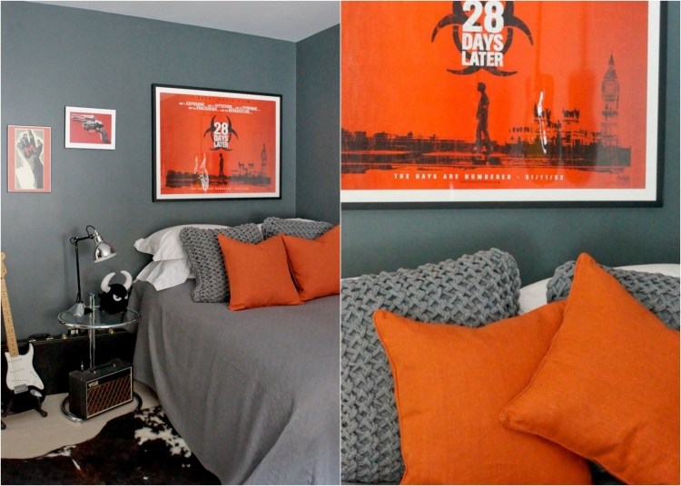 jugendzimmer-gestalten-wanddeko-junge-graue-wandfarbe-orange-poster-kissen