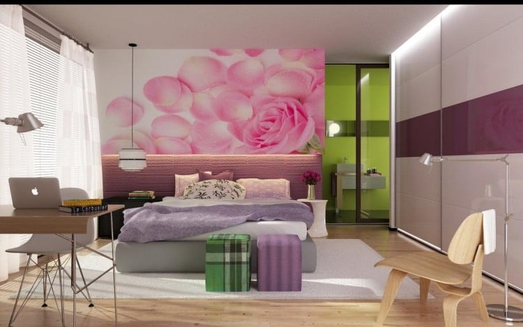 jugendzimmer-gestalten-wanddeko-madchen-rosabluete-fotowand-led-licht