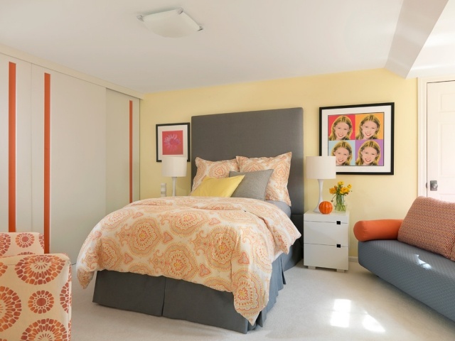 schlafzimmer gestaltung mädchen-ideen-gelb-orange-grau-kombination