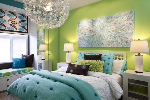 schlafzimmergestaltung mädchen türkis grün fenstersitzbank schubladen