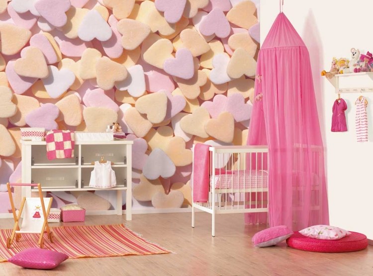 kinderzimmer-madchen-gestaltung-ideen-babyzimmer-pink-himmelbett-fototapete-herzchen
