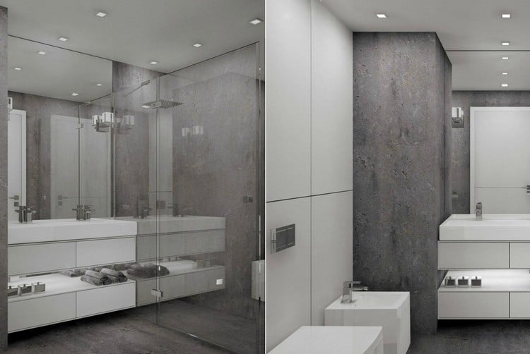 kleines-bad-einrichten-wandverkleidung-betonoptik-spiegelwand-glasdusche-weisses-doppelwaschbecken