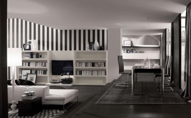 minimalistische-loft-wohnung-schwarz-weiß-kontraste-wandstreifen-vertikal