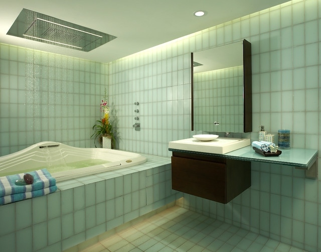 minimalistisches-Badezimmer-grüne-matte-Töne-Pflanzendeko