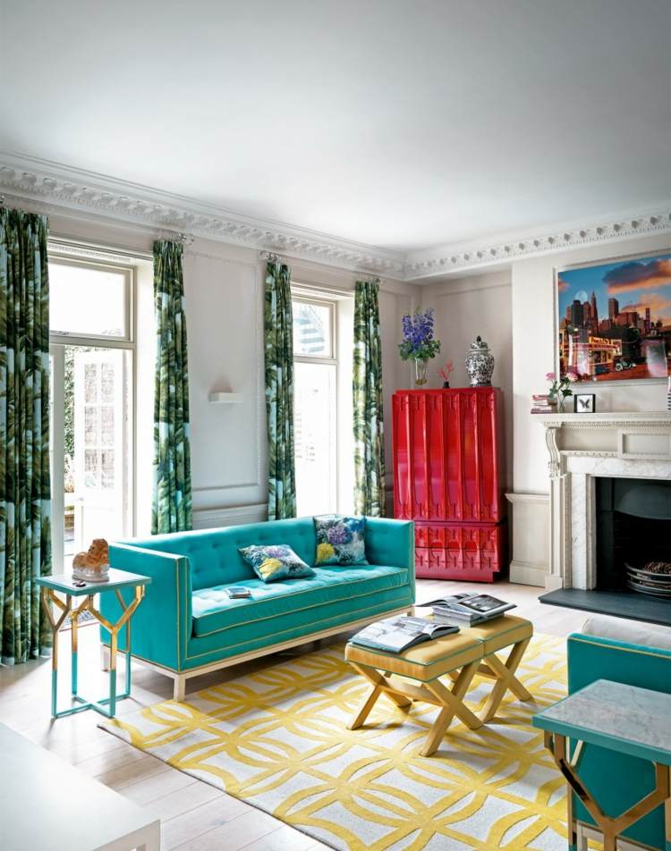 modern wohnzimmer einrichten blaugruen farben gelb beistelltisch schrank