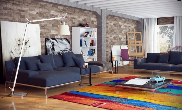 modern wohnzimmer einrichten bunt teppich ziegelstein wand loft design