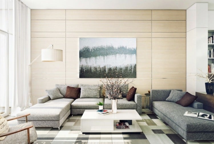 modern wohnzimmer einrichten grau nuancen sofas bild teppich geometrisch