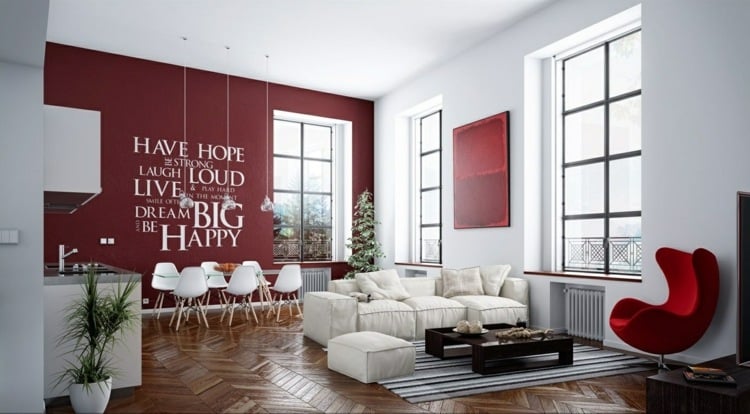 modern wohnzimmer einrichten rot weiss idee couchtisch holz interieur