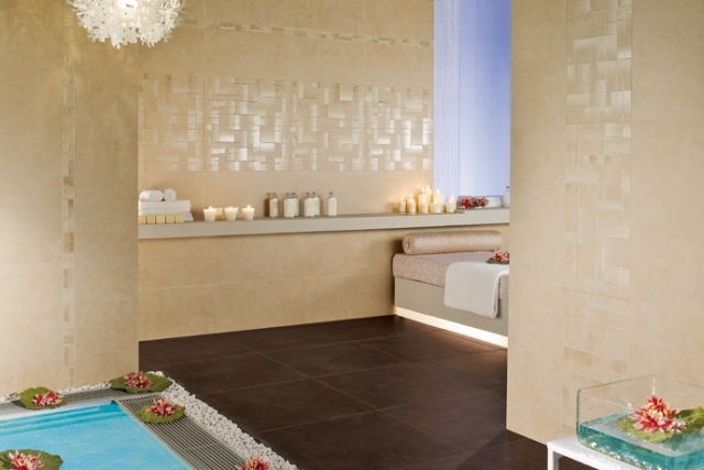 moderne fliesen badezimmer sandstein-optik-wand-dekorativ-braune-bodenfliesen-hammam-ambiente