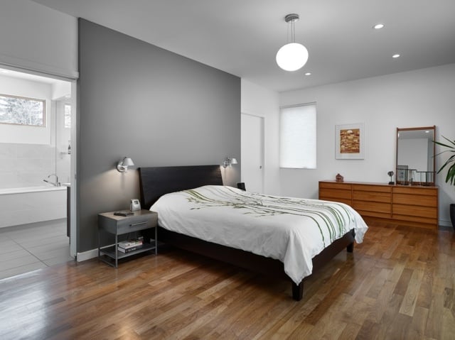 minimalistisches Schlafzimmer Trennwand Grau Badezimmer