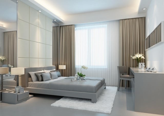 modernes-schlafzimmer-grau-braun-weisse-gardinen-braune-vorhaenge