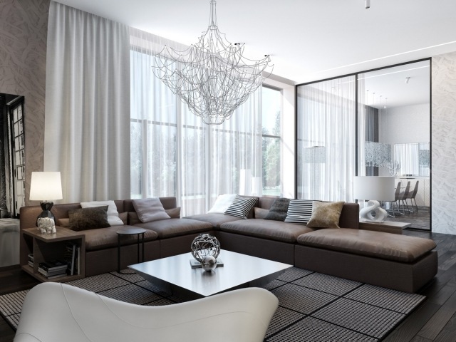 modernes-Wohnzimmer einrichten -braunes-sofa-schiebetuer-essbereich
