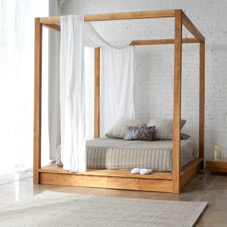romantisches schlafzimmer modern-bett-idee-backstein-wand-himmelbett