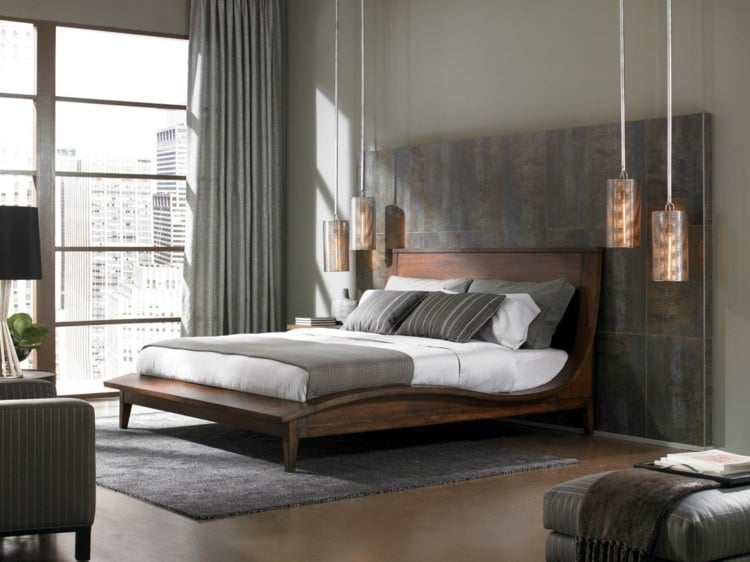 schlafzimmer-ideen-holz-bett-modern-pendelleuchten