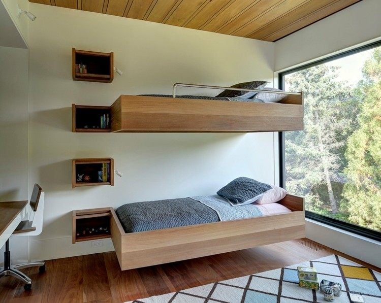 schlafzimmer mit hochbett modern-gestaltung-holz-akzente-karo-muster-teppich