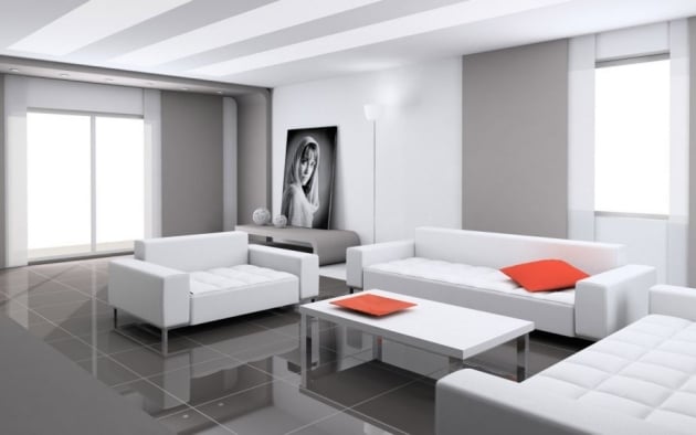 schlichtes-design-innendesign-farben-monichrom-wände-sofa-dekokissen-leuchtend-orange