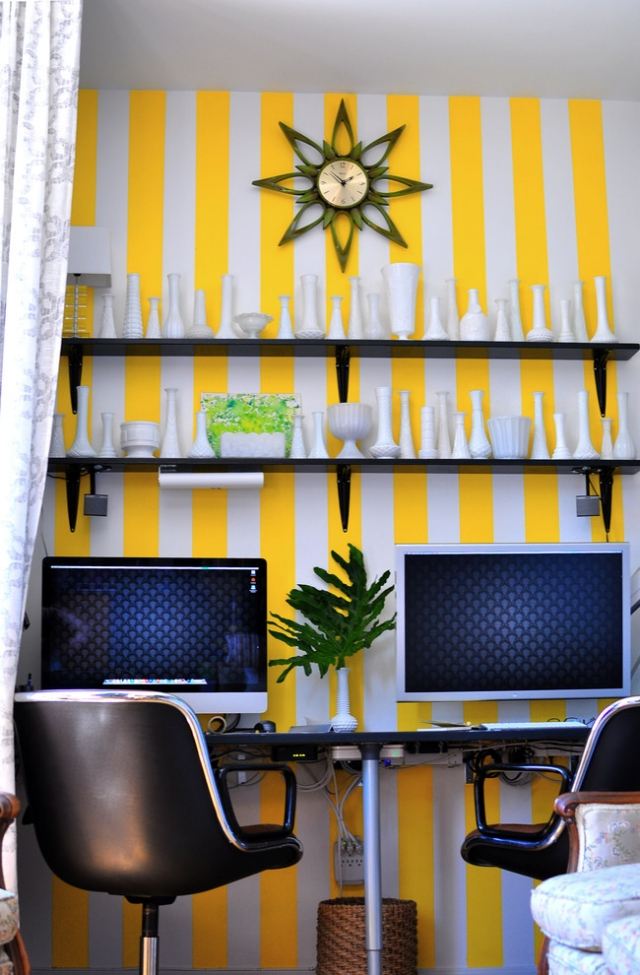 streifenmuster-streichen-home-office-wand-gelb-weiss