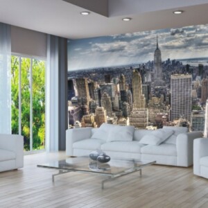 wanddeko ideen fototapete skyline modern grau weiss couch