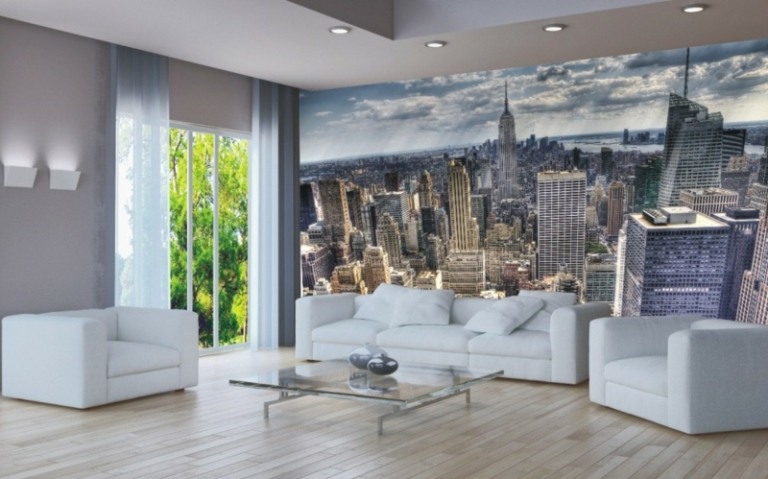 wanddeko ideen fototapete skyline modern grau weiss couch