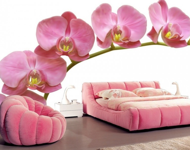 wanddeko ideen schlafzimmer idee orchidee fototapete rosa bett