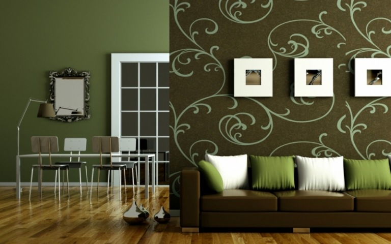 wandfarbe braun tapete modern ornamente sofa gruen weiss akzente kissen essbereich