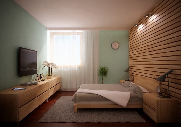 Wandfarbe fürs Schlafzimmer mintgruen-holzmoebel-grauer-teppich