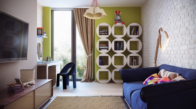 wandgestaltung-wohnzimmer-ziegelwand-weiss-backstein-modern-couch-blau