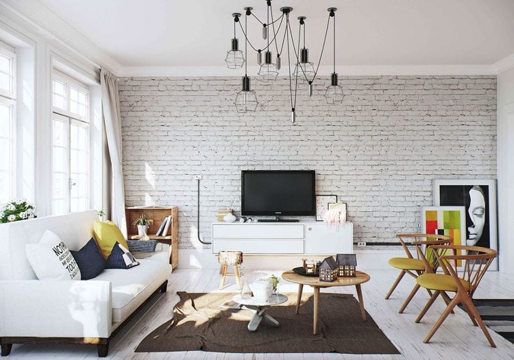 wandgestaltung-wohnzimmer-ziegelwand-weiss-modern-minimalistisch-tvwand