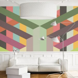 wandmuster ideen bunte farben streifen diagonal wohnzimmer weiss moebel