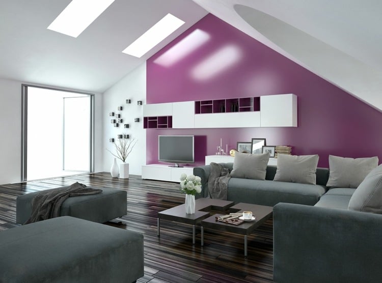 wohnung einrichten modern-wohnzimmer-pink-akzentwand-parkett-dunkel