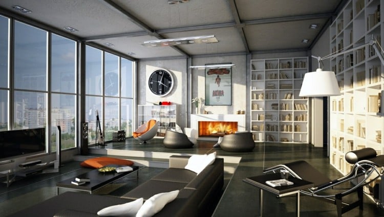 wohnzimmer einrichten loft design kamin fenster wohnung couch leder
