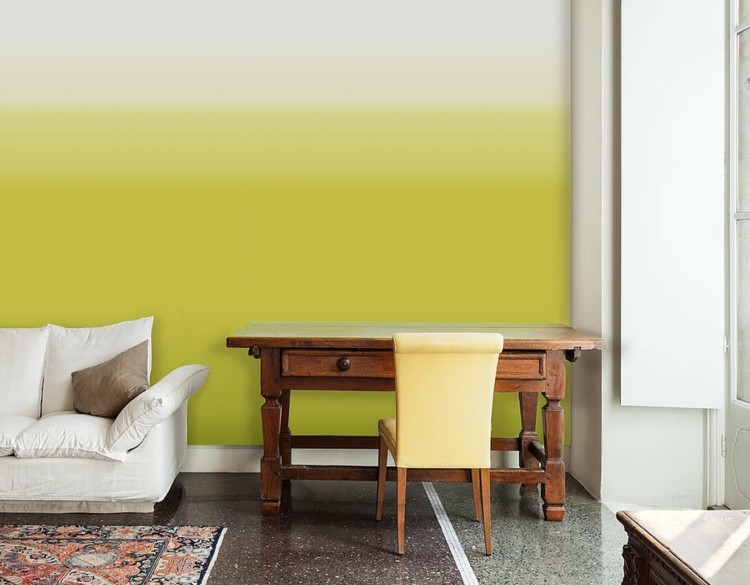 wohnzimmer wandgestaltung streifen look horizontal gelb weiss schreibtisch vintage