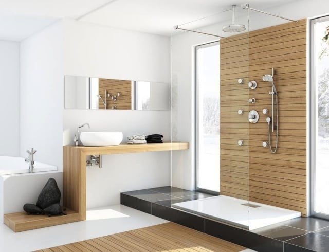 Badezimmer-Bilder-Inspirationen-Holz-Waschtisch-begehbare-Dusche-Regendusche