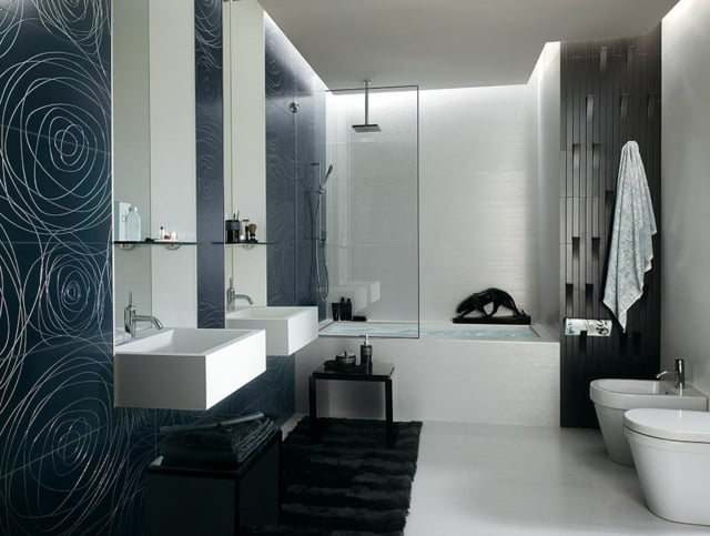 Badezimmer-Fliesen-schwarz-mit-sphärischen-Muster