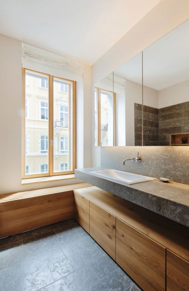 Badezimmer-Oberschränke-Spiegeltüren-Unterschränke-Holz-Beton-Waschbecken