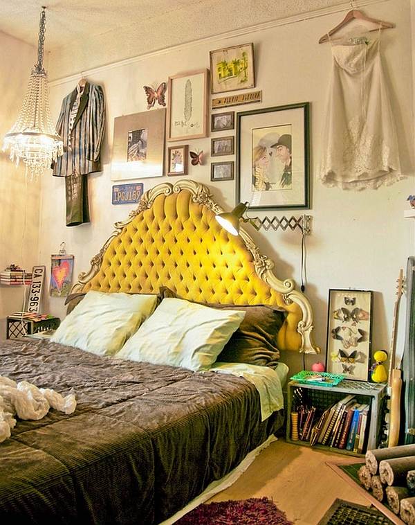 Bohème-Thema-Einrichten-Schlafzimmer-Bettkopfteil-gelb-gepolstert-Bilderwand