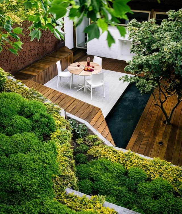 Holz Boden Terrasse gestalten mehrere Ebene Essplatz Gartenteich