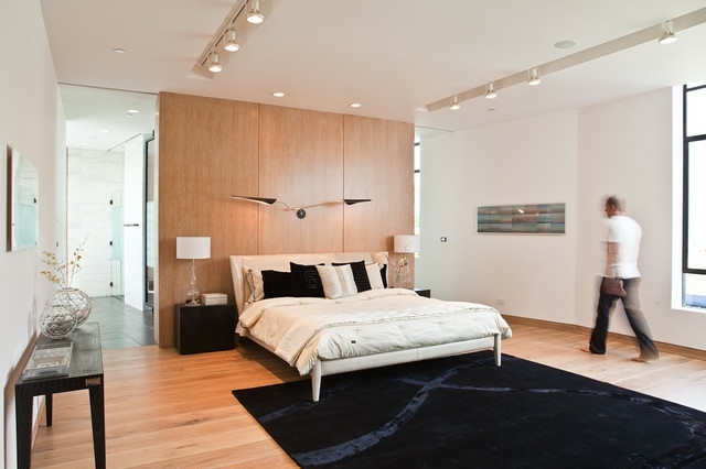 Einrichtung Schlafzimmer Holzboden anlegen Wand verkleiden