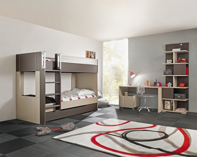 Kinderzimmer-für-Geschwister-Musterteppich-Möbel-Etagenbett-modern-Gautier