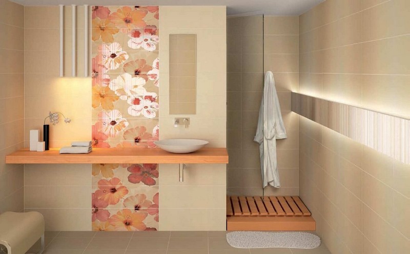 Moderne-Badezimmerfliesen-Blumen-beige-Farbe-Holz-Waschtisch