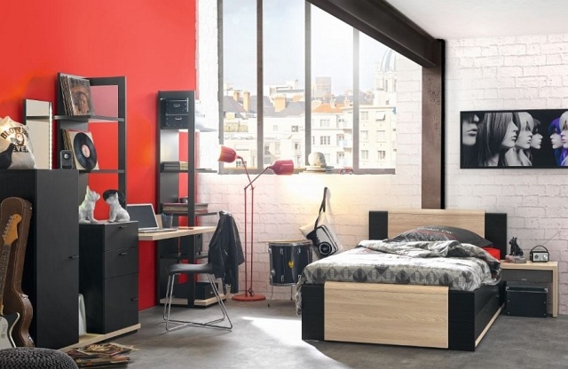 Möbel-Kinderzimmer-Teenager-Rot-gestrichene-Wände-Gautier-trendy-Ausstattung