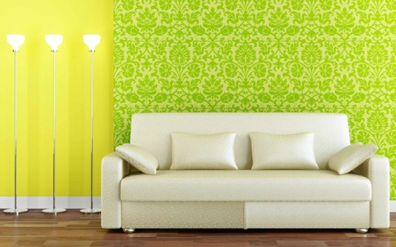 Polstersofa-mit-Motiven-Wandgestaltung-Grün