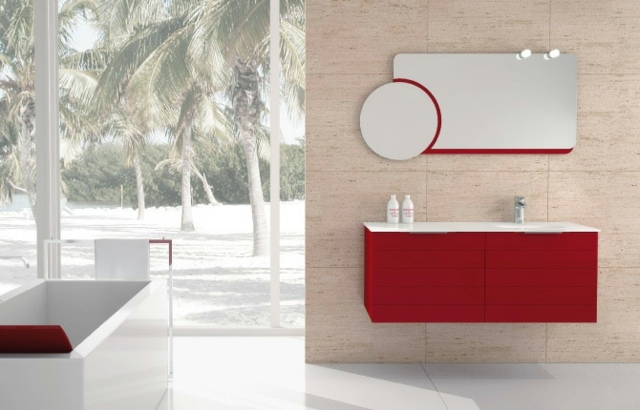 Roter-Unterwaschschrank-Wandspiegel-hochglänzender-Boden